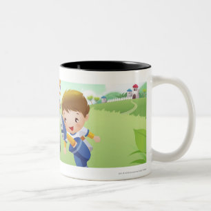 Twee meisjes en een jongen die voetbal speelt tweekleurige koffiemok