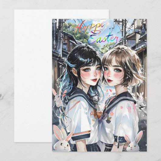 Twee meisjes in een Japanse steeg met konijnen Feestdagenkaart (Voorkant / Achterkant)