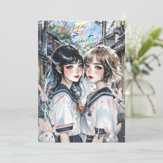 Twee meisjes in een Japanse steeg met konijnen Feestdagenkaart (Staand voorkant)