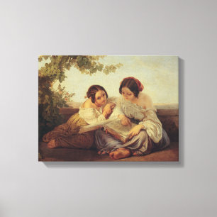 Twee meisjes lezen boekenschilderij canvas afdruk