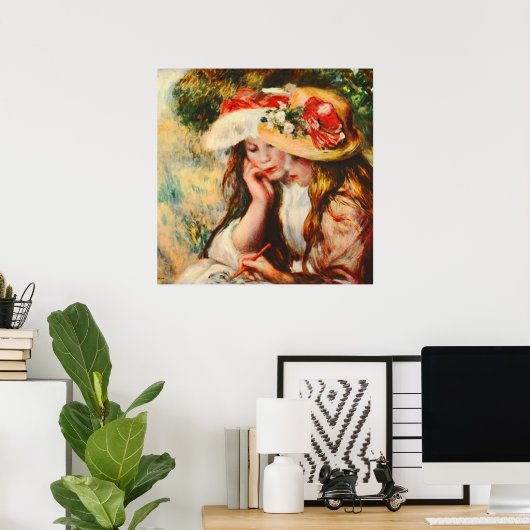 Twee meisjes lezen in een tuinrenoir Fine Art Poster (Thuiskantoor)