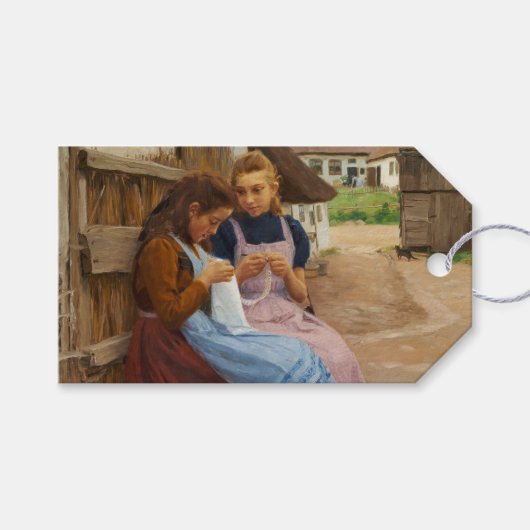 Twee Meisjes Met Naaldwerk Zittend In Een Boerderi Cadeaulabel (Voorkant (Horizontaal))