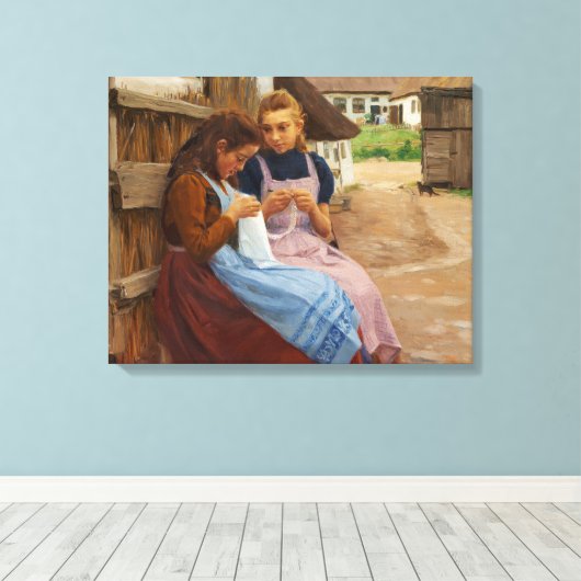 Twee Meisjes Met Naaldwerk Zittend In Een Boerderi Canvas Afdruk (Insitu (Houten vloer))