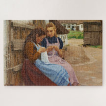 Twee Meisjes Met Naaldwerk Zittend In Een Boerderi