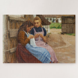 Twee Meisjes Met Naaldwerk Zittend In Een Boerderi Legpuzzel