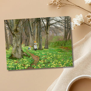 Twee meisjes plukken bloemen in voorjaarsbos briefkaart