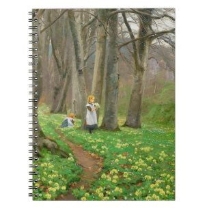 Twee meisjes plukken bloemen in voorjaarsbos notitieboek