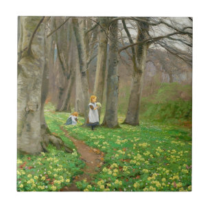 Twee meisjes plukken bloemen in voorjaarsbos tegeltje