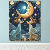 Twee meisjes schilderen magie met een maan canvas afdruk (Insitu (Houten vloer))