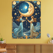 Twee meisjes schilderen magie met een maan canvas afdruk (Insitu (Woonkamer))