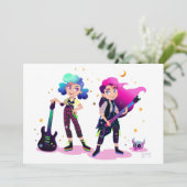 Twee meisjes spelen een rockgitaarkaart samen kaart (Staand voorkant)