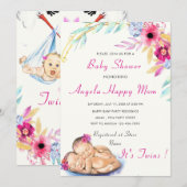 Twee meisjes! Sweet Stork Baby shower Uitnodiging (Voorkant / Achterkant)