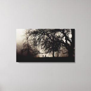 Twee mensen ontmoeten elkaar in een slecht hout canvas afdruk