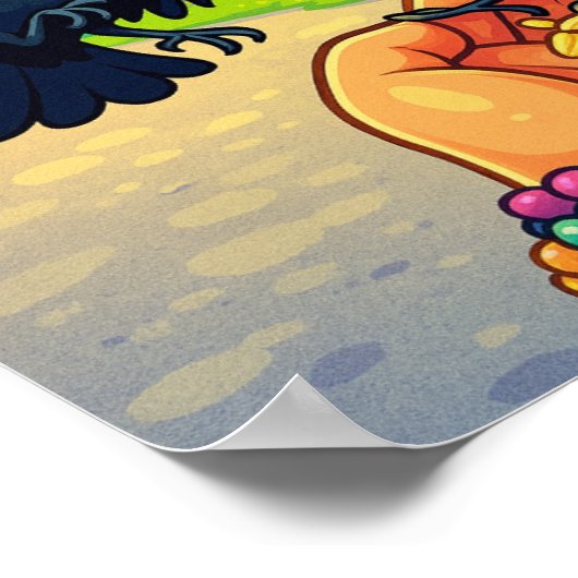 Twee merels voeden zich met hand cartoon poster (Hoek)