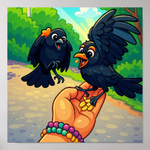 Twee merels voeden zich met hand cartoon poster