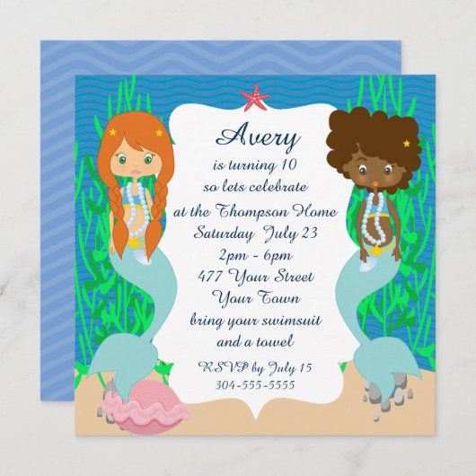Twee Mermaids Pool Party Kaart (Voorkant / Achterkant)