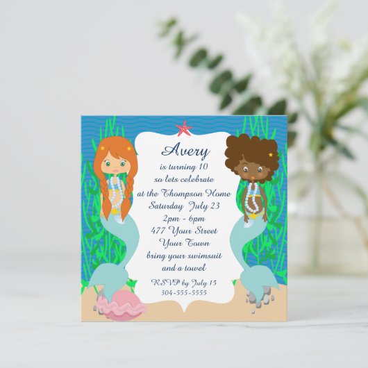 Twee Mermaids Pool Party Kaart (Staand voorkant)