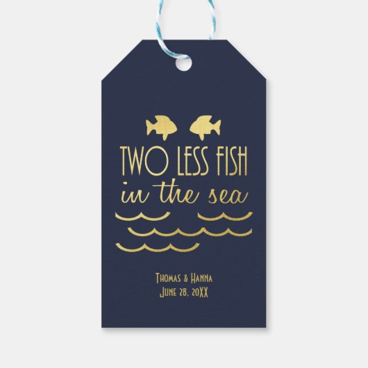 Twee Minder Vis in het Zee Navy Gold Bruiloft Cadeaulabel (Achterkant)
