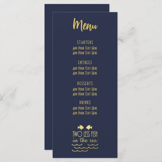 Twee Minder Vis in het Zee Navy Gold Elegant Bruil Menu (Voorkant / Achterkant)