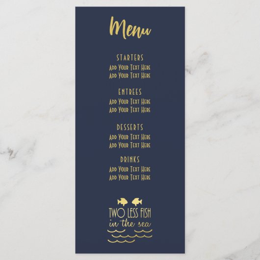 Twee Minder Vis in het Zee Navy Gold Elegant Bruil Menu (Voorkant)
