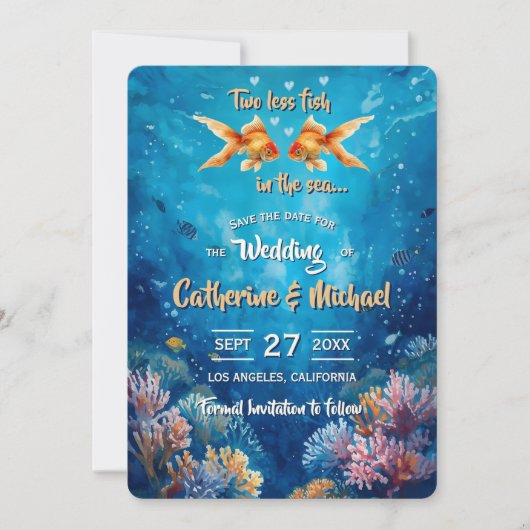 Twee minder vissen in de onderwater bruiloft save the date (Voorkant)