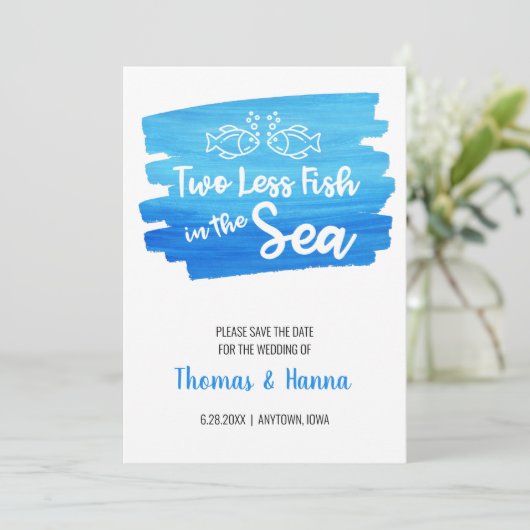 Twee minder vissen in de Zee Waterverf bruiloft Save The Date (Staand voorkant)