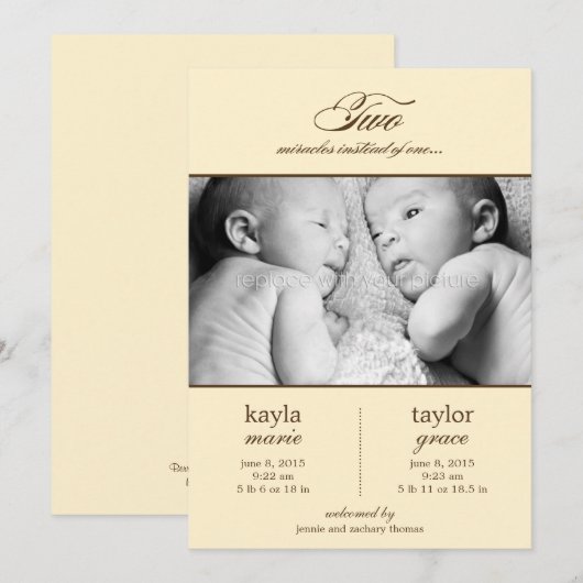 Twee Miracles Twins Birth Announding - Cream Aankondiging (Voorkant / Achterkant)