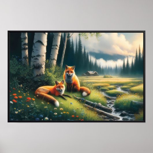 Twee Mooie Rode Vossen Rustend  Poster (Voorkant)