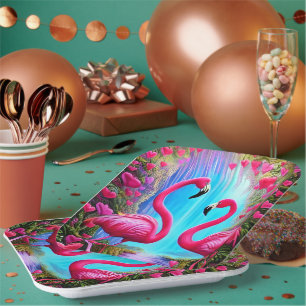Twee mooie roze flamingo's in liefde Graphic Papieren Bordje