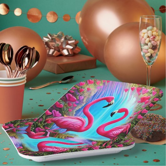 Twee mooie roze flamingo's in liefde Graphic Papieren Bordje (Multi)