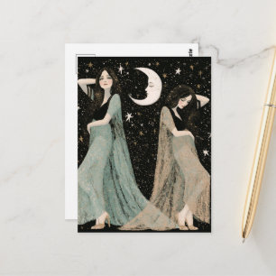 Twee mooie vrouwen die dansen in het maanlicht briefkaart
