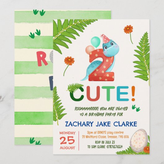 Twee moppige dinosaurus 2de verjaardagsuitnodiging kaart (Voorkant / Achterkant)