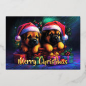 Twee Moppige Puppies in Kerstmannen Mutsen Folie Feestdagenkaart (Voorkant)