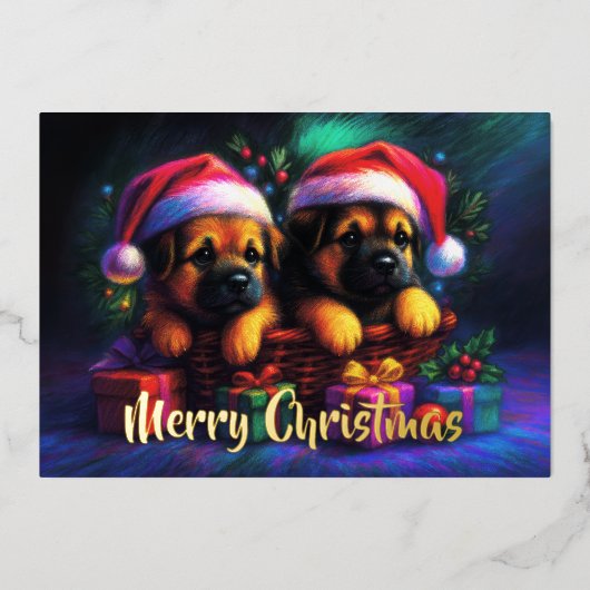 Twee Moppige Puppies in Kerstmannen Mutsen Folie Feestdagenkaart (Voorkant)