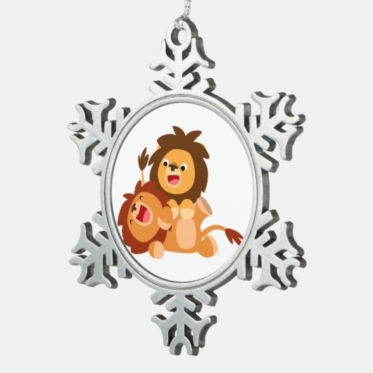 Twee Moppige Speelse Cartoon Leeuwen Tin Ornament (Rechts)