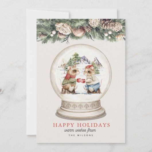 Twee Muizen Hete Chocolade Bergen Sneeuw Grobe Feestdagenkaart (Voorkant)