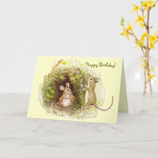 Twee Muizen in het Gras - Gelukkige Verjaardag Kaart (Gele Bloem)