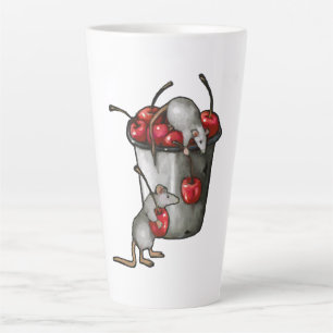 Twee muizen stelen kersen, emmer met kersen kunst latte mok