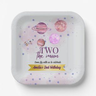 Twee naar de Maan 2e Verjaardag Meisje Maan Sterre Papieren Bordje
