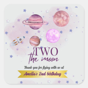 Twee naar de Maan 2e Verjaardag Meisje Maan Sterre Vierkante Sticker