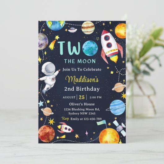 Twee naar de maan Buitenruimte Blauw 2de verjaarda Kaart (Staand voorkant)