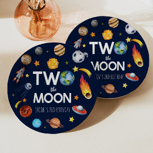 Twee naar de Maan Outer Space Planeet Verjaardagsf Papieren Bordje