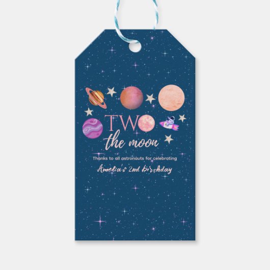 Twee Naar De Maan Ruimteschip Planeten 2de Verjaar Cadeaulabel (Voorkant)