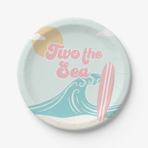 Twee naar de Zee Roze Surf Strand Verjaardag Papieren Bordje