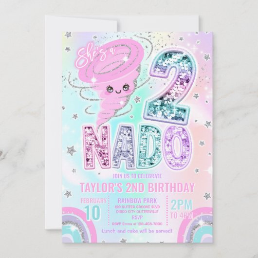 Twee Nado Regenboog Glitter 2de Verjaardagsfeestje Kaart (Voorkant)