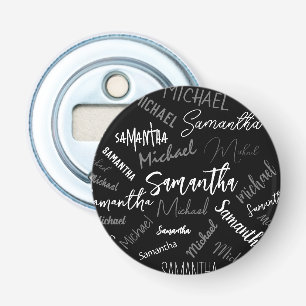 Twee namen koppel monogram zwart grijs wit button flesopener