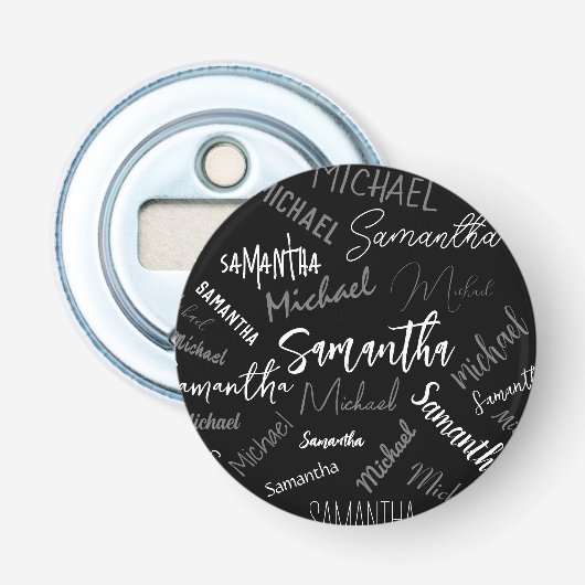 Twee namen koppel monogram zwart grijs wit button flesopener (Voorkant)