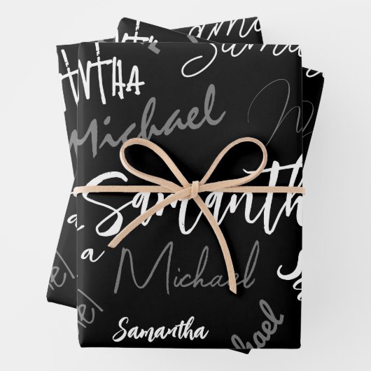 Twee namen koppel monogram zwart grijs wit inpakpapier vel (In situ)