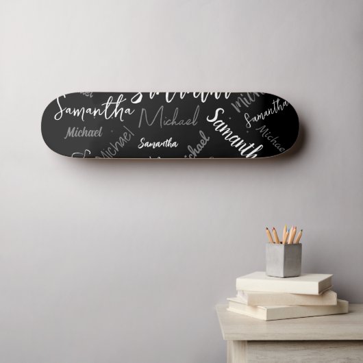 Twee namen koppel monogram zwart grijs wit persoonlijk skateboard (Muurkunst (Horizontaal))