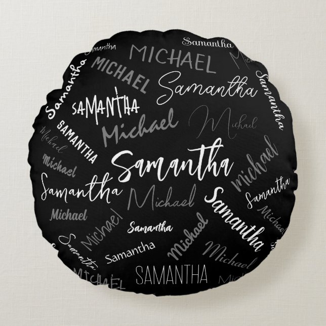 Twee namen koppel monogram zwart grijs wit rond kussen (Voorkant)